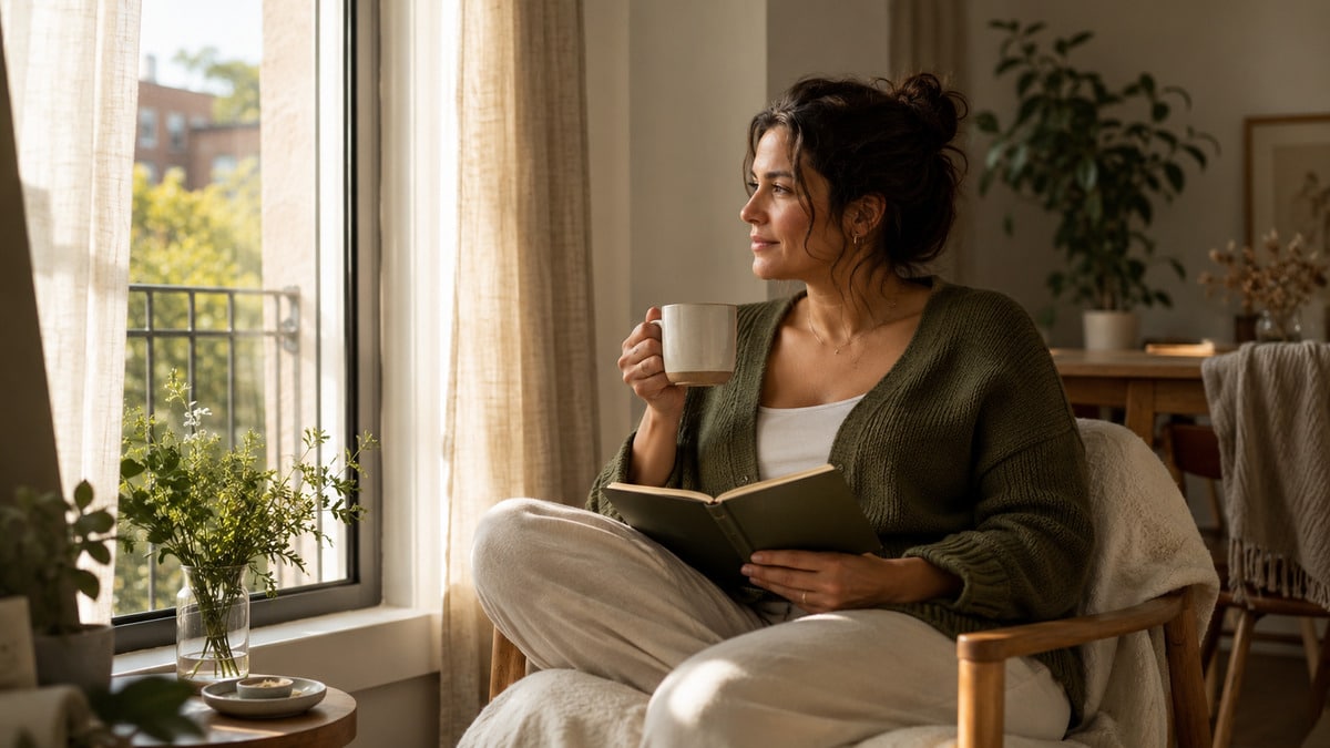 Woman by a window with a notebook during September reset rituals for women
