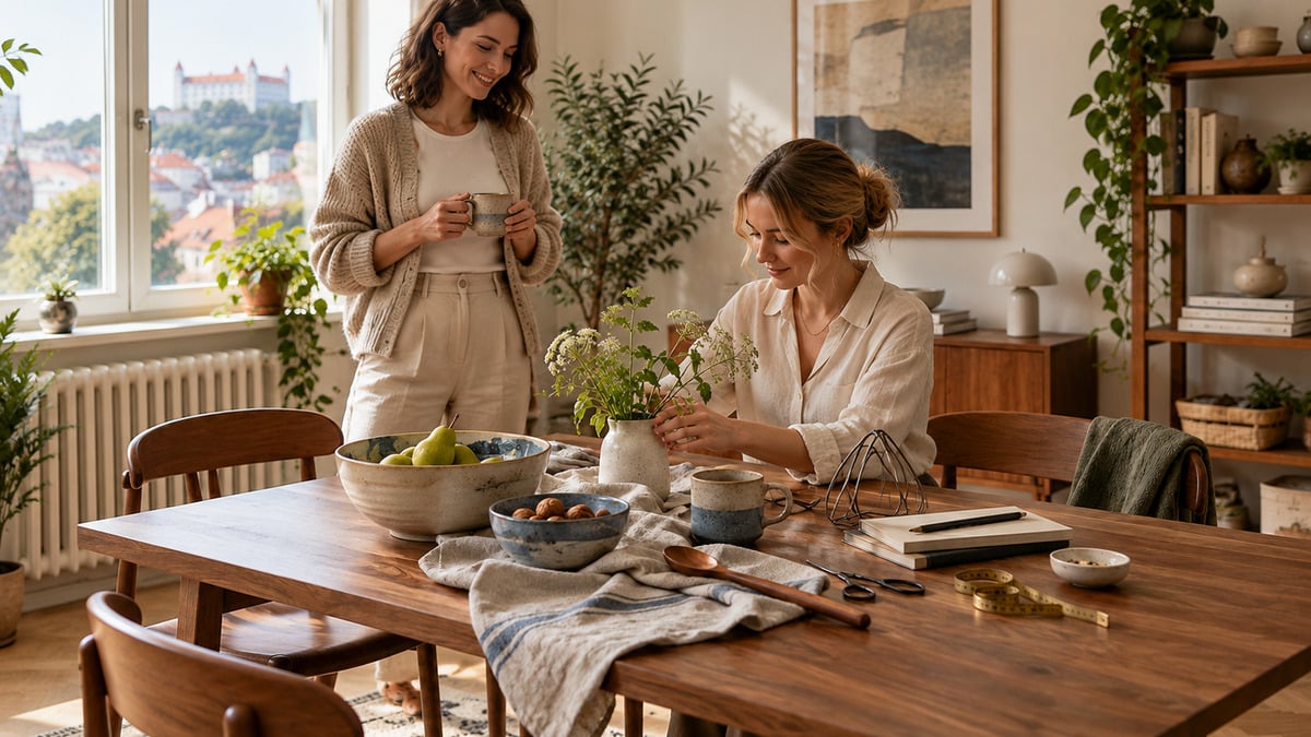 Slovak women lifestyle in a contemporary Bratislava craft table with ceramics linen and functional design details