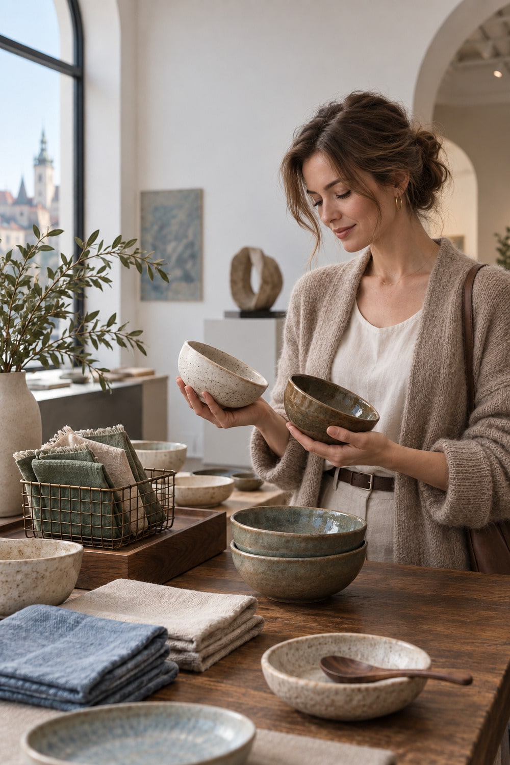 Slovak women lifestyle in a contemporary Bratislava craft display with ceramic bowls linen and market details