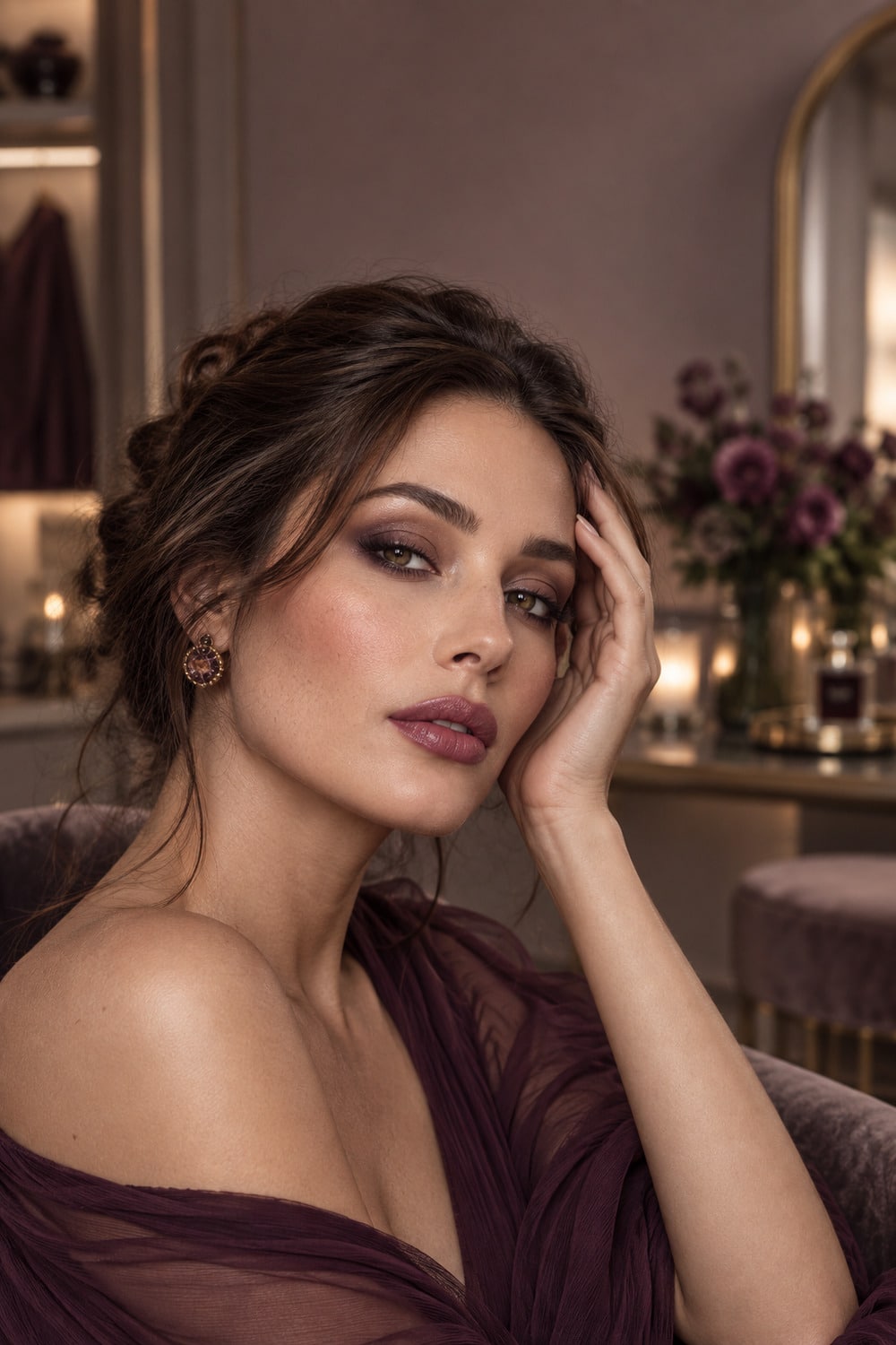 Soft Smoky Eye Revival for Modern Evenings close beauty portrait showing a smoky eye revival with diffused plum and taupe makeup