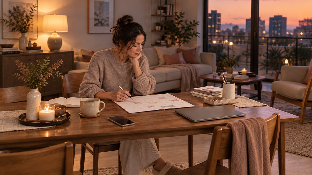 social energy reset for women shown by a woman reviewing a paper calendar in soft evening light