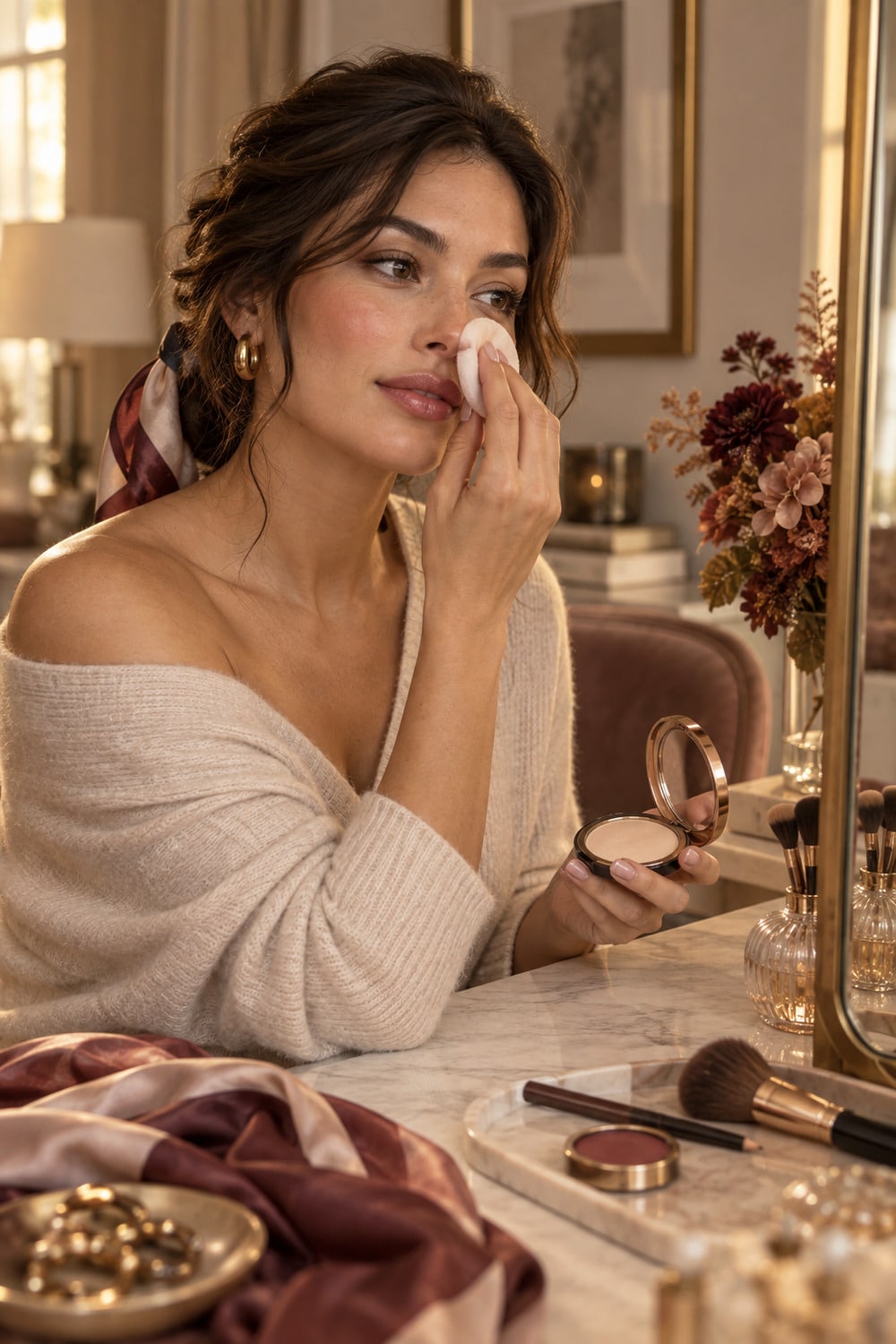 Soft Matte Skin for an Autumn Makeup Base soft matte skin with natural texture and selective powder through the centre of the face