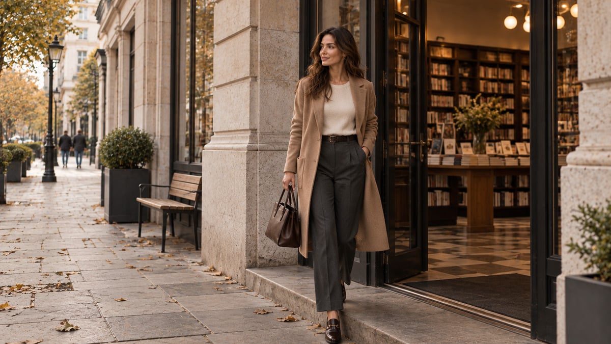 woman in a camel coat showing structured coat style over light early autumn tailoring