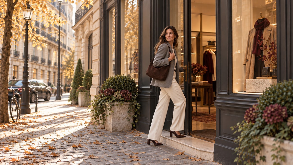 Suede bag style with a woman carrying a brown suede shoulder bag, cream trousers and a grey blazer