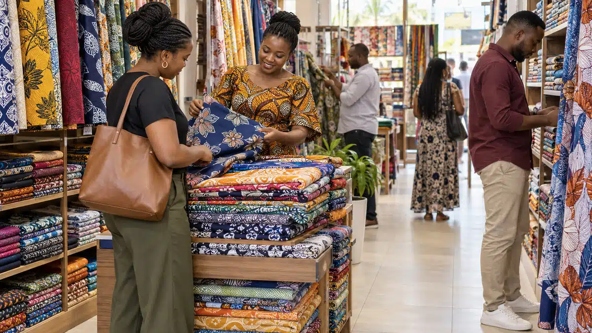 Dar es Salaam clothing retail scene for a Tanzanian women lifestyle feature with printed textiles and adult shoppers
