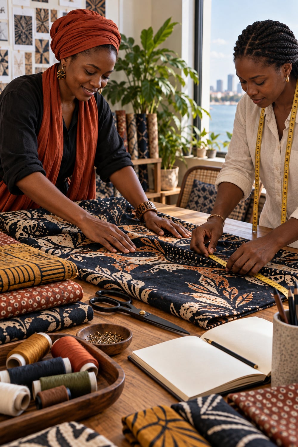 Tanzanian Lifestyle Through Dar es Salaam Textiles and Shared Spaces Dar es Salaam textile workspace for a Tanzanian women lifestyle feature with folded printed cloth and tailoring tools