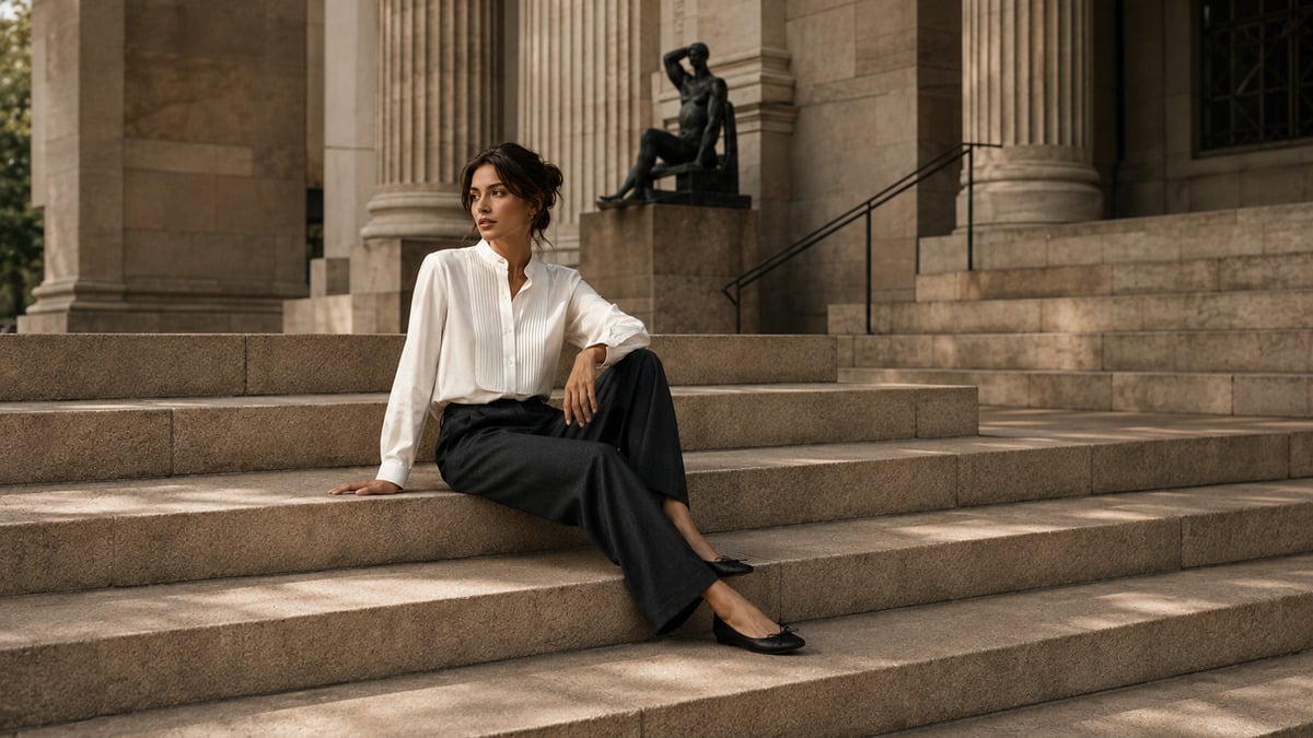 Tuxedo shirt style on a modern woman in relaxed charcoal tailored trousers