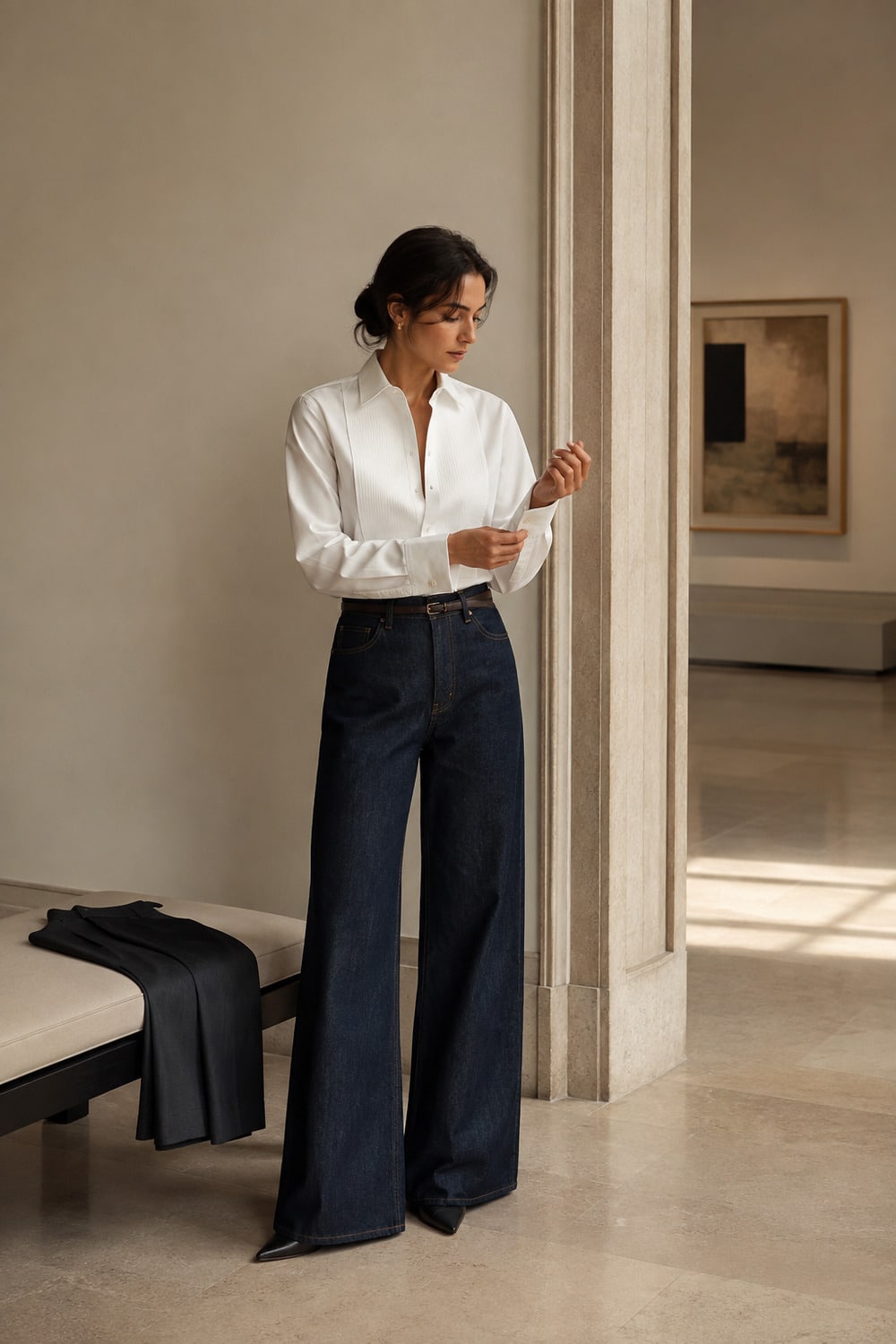Tuxedo Shirt Styling for Modern Wardrobes tuxedo shirt style on a modern woman in dark denim beside tailored trousers