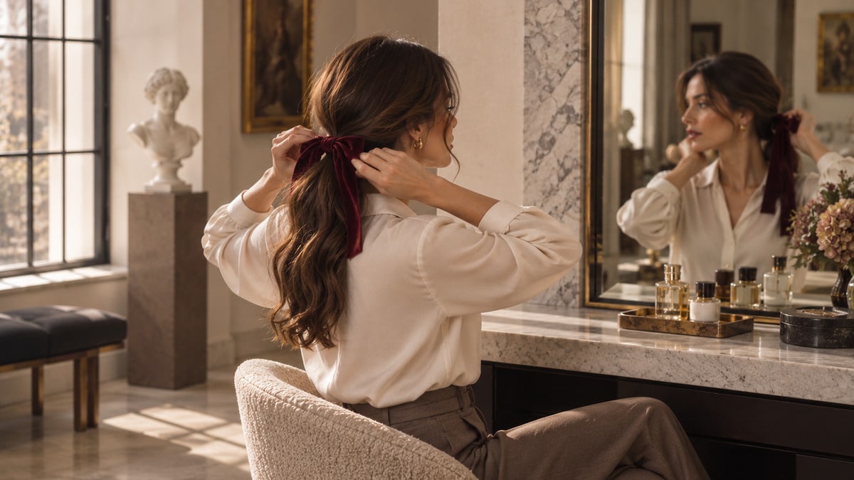 velvet ribbon hair on a loose low ponytail tied with a deep wine bow in soft window light
