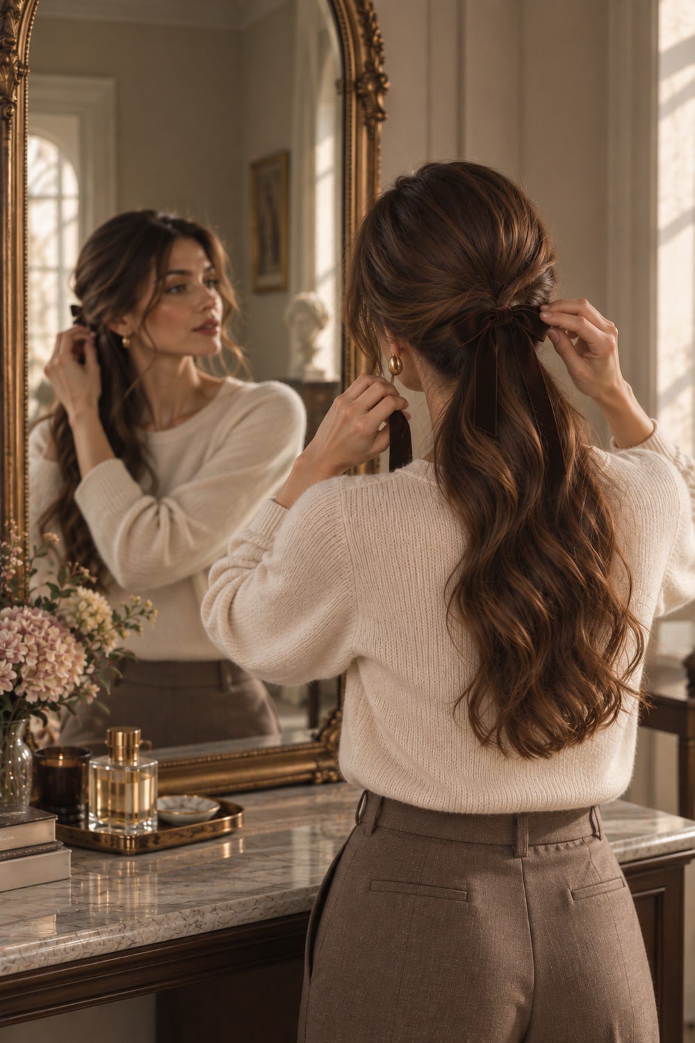 Velvet Ribbon Hair for Soft Autumn Styling velvet ribbon hair on softly waved half up hair with a narrow chocolate bow and warm autumn styling