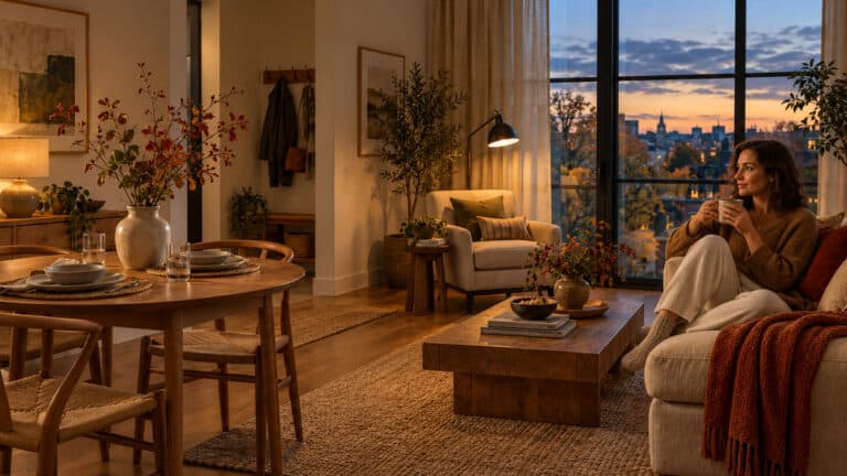 Autumn living and dining area with a reading lamp, clear table and folded throw at dusk