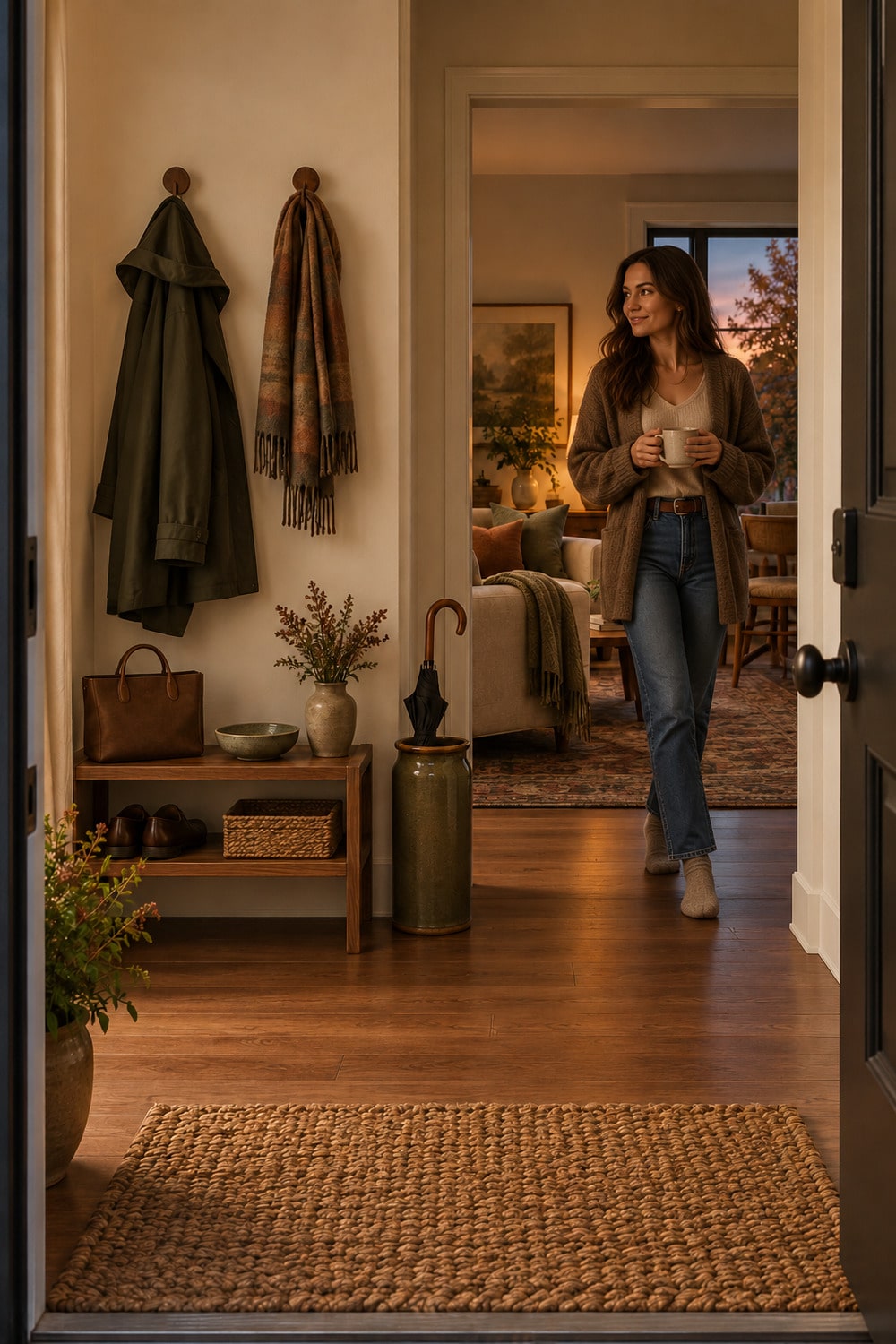 Rain-ready autumn entryway with a woven mat, coat hooks and a lamp-lit room beyond