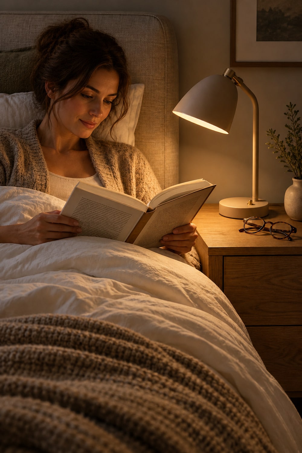 Bedside lighting with a directional lamp aimed at an open book beside a compact nightstand