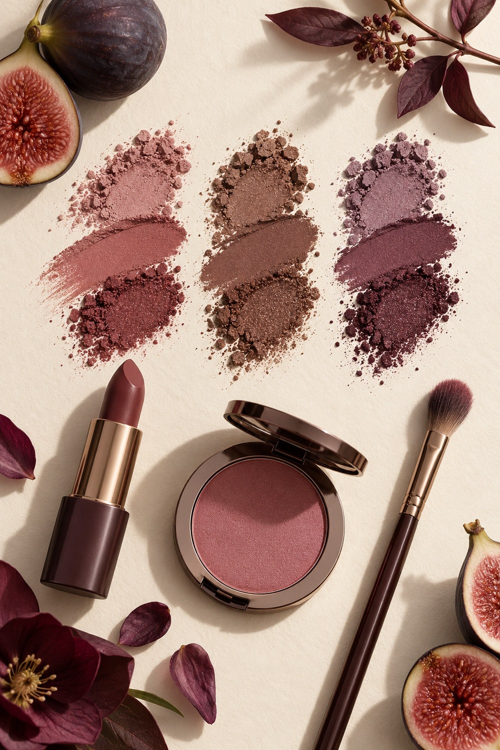 Editorial flat lay of plum brown and muted rose makeup colors with lipstick and blush swatches