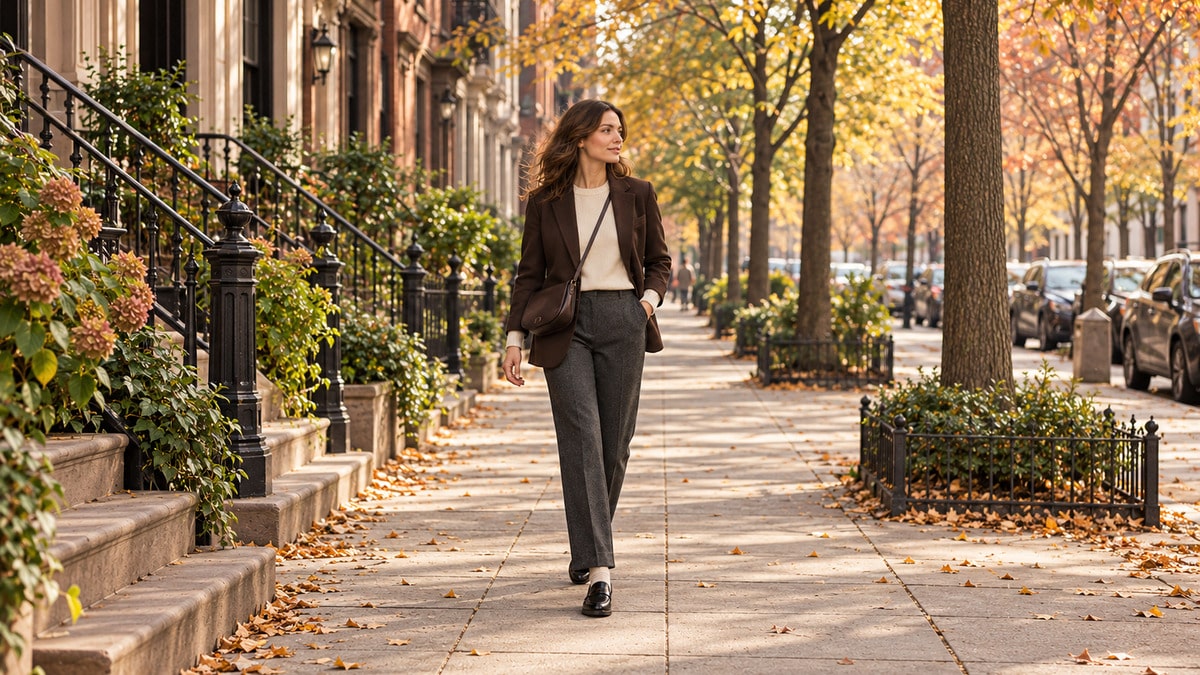 Woman wearing tailored charcoal trousers, black leather loafers and a cream knit on an autumn city sidewalk
