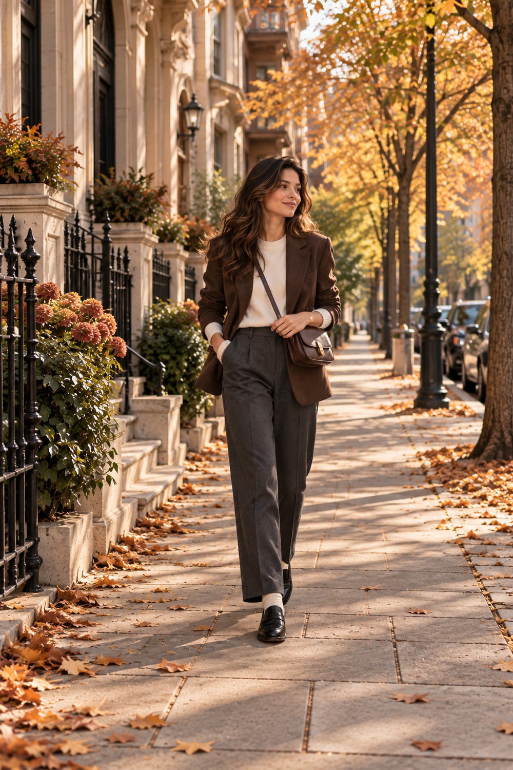 Black leather loafers with visible charcoal trouser hems and fine cream socks on an autumn outfit