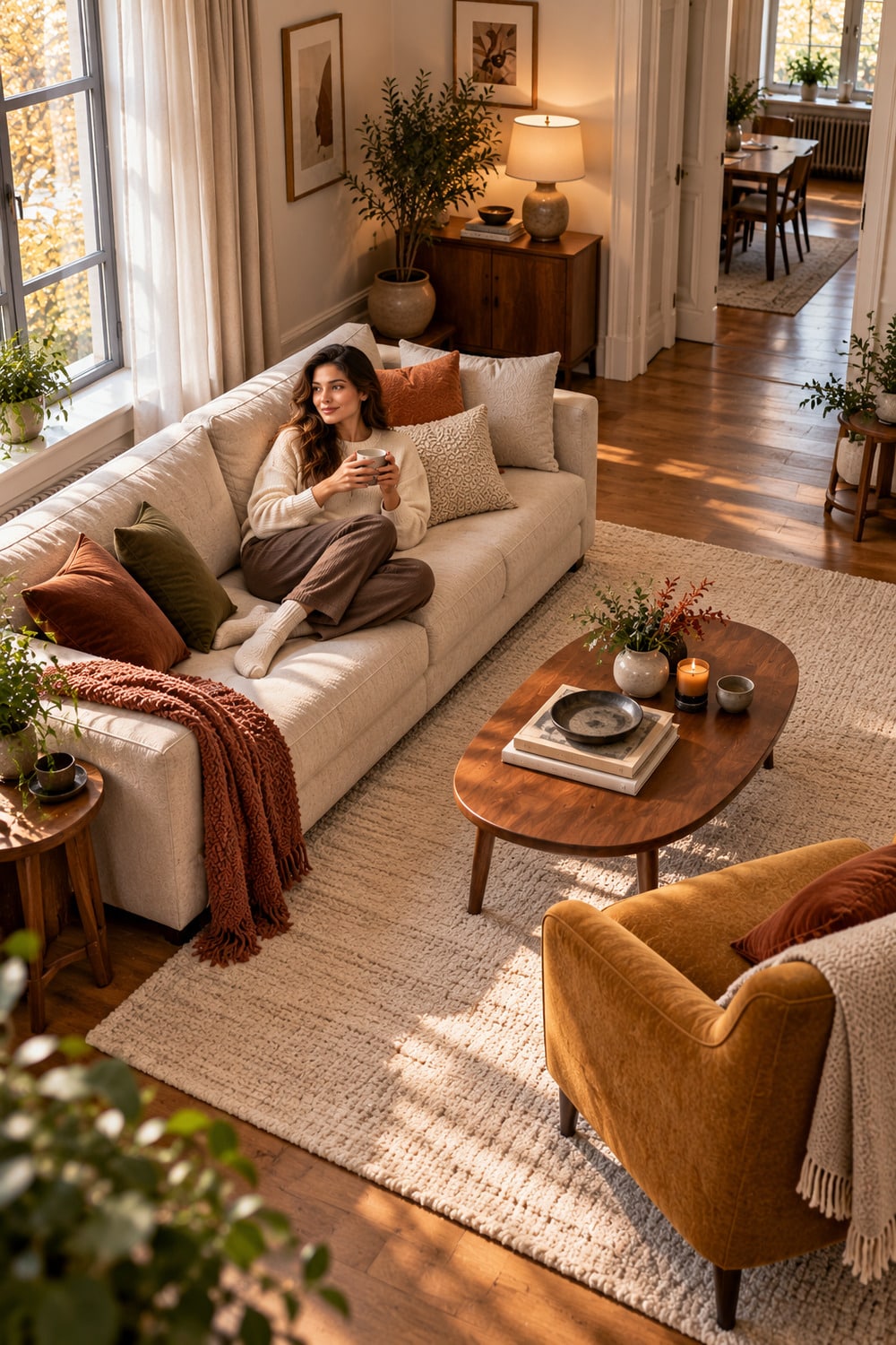 Small living room rug placement with sofa and chair front legs on a pale rectangular rug