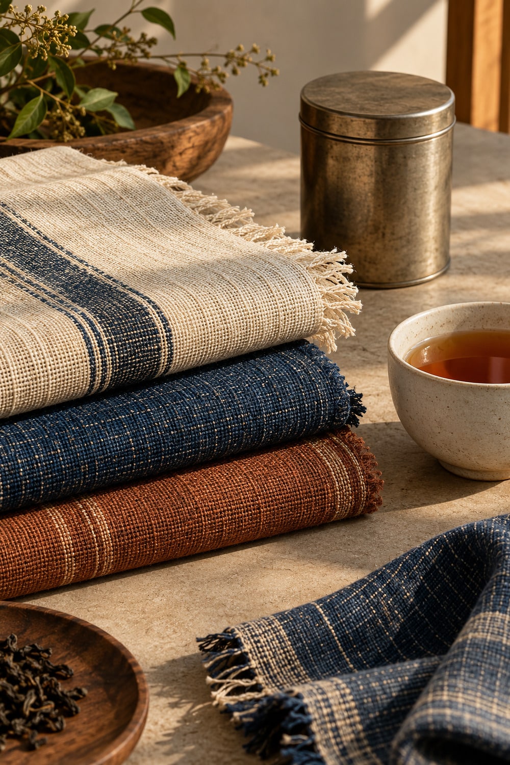 Folded handwoven cotton and unbranded tea tins arranged for a feature on Sri Lankan women in tea and textile work