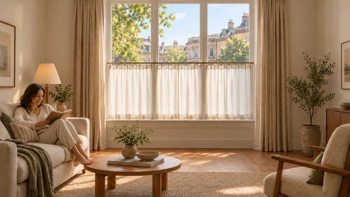 Window privacy arrangement with a lower cafe curtain and full curtains drawn aside in a daylight living room