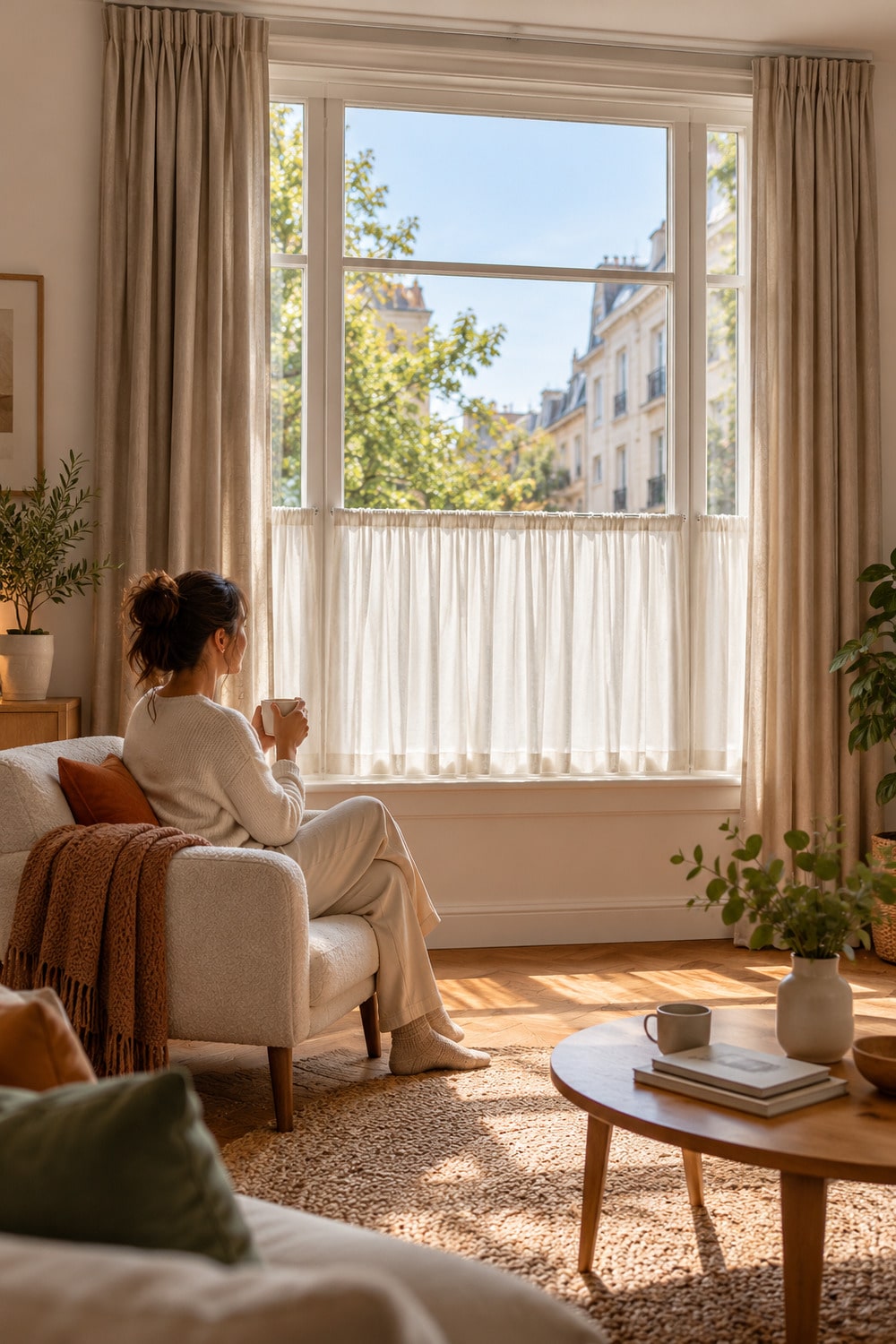 Window privacy concept with a lower cafe curtain, clear upper panes and full curtains drawn aside