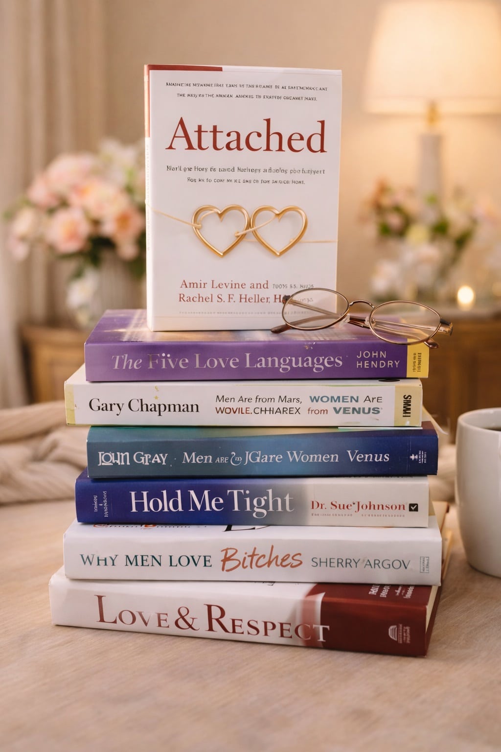 best relationship advice books stack on table with glasses cozy reading environment