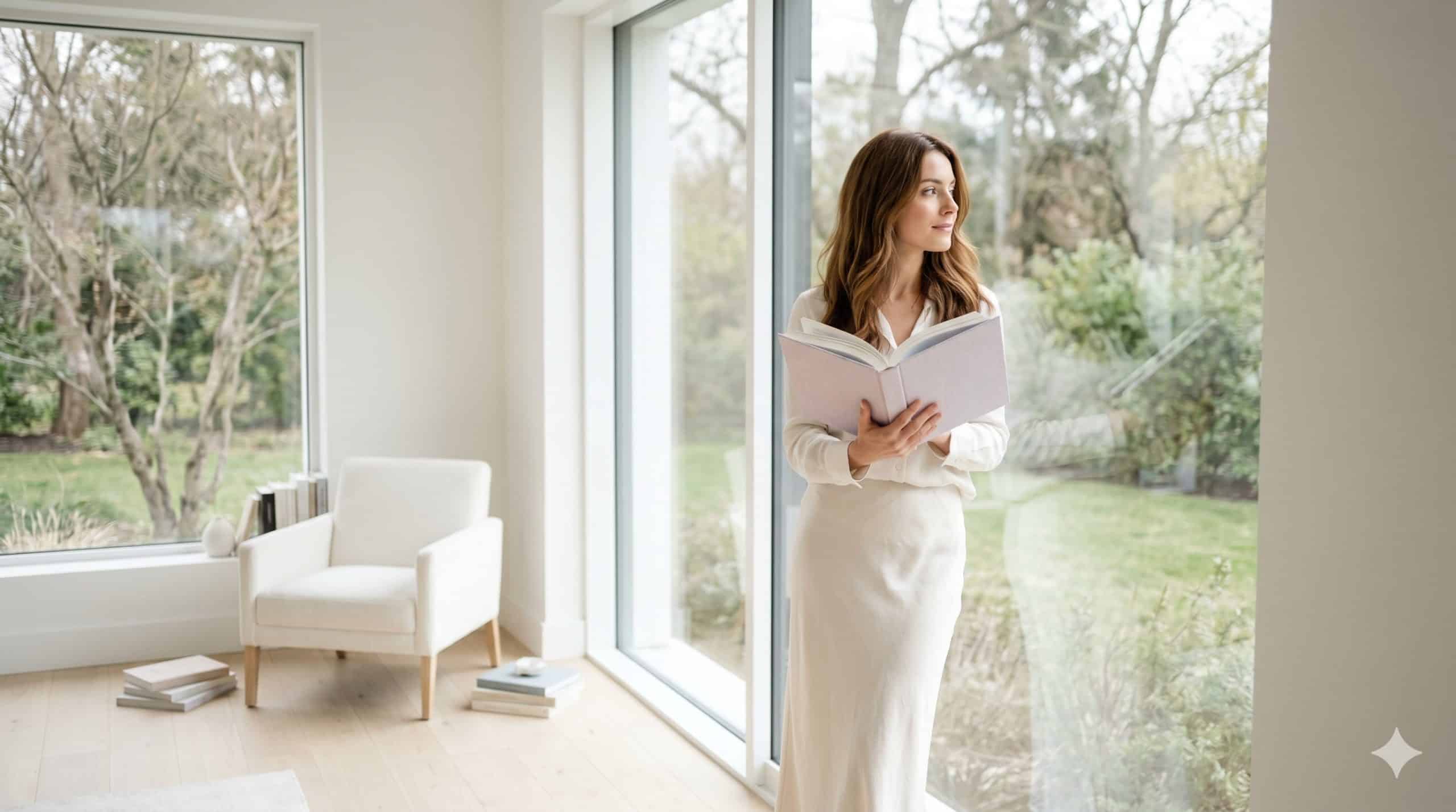 High-value woman practicing digital detox for mental clarity by reading a book and looking at nature