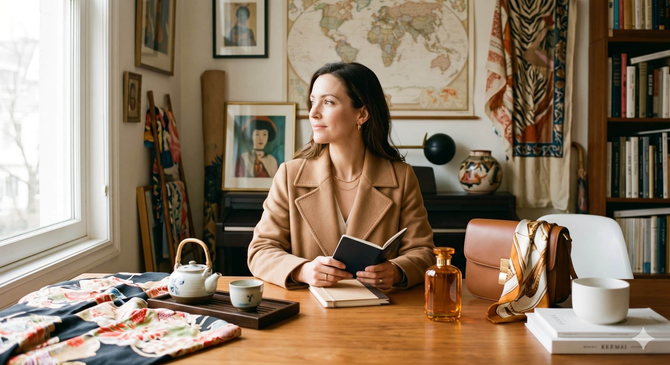 Sophisticated woman in a camel coat surrounded by a world map and international cultural artifacts, illustrating Global Elegance Standards