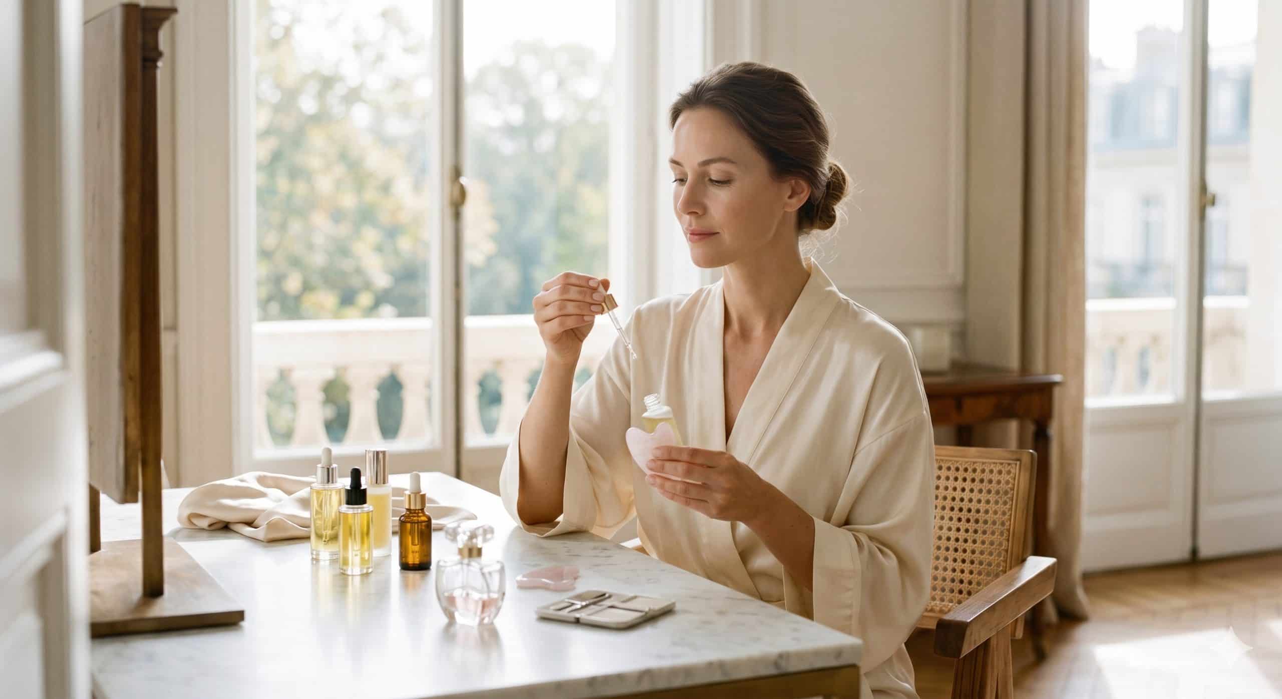 Elegant woman in a silk robe performing high-value beauty rituals with luxury serums and a Gua Sha stone on a marble vanity
