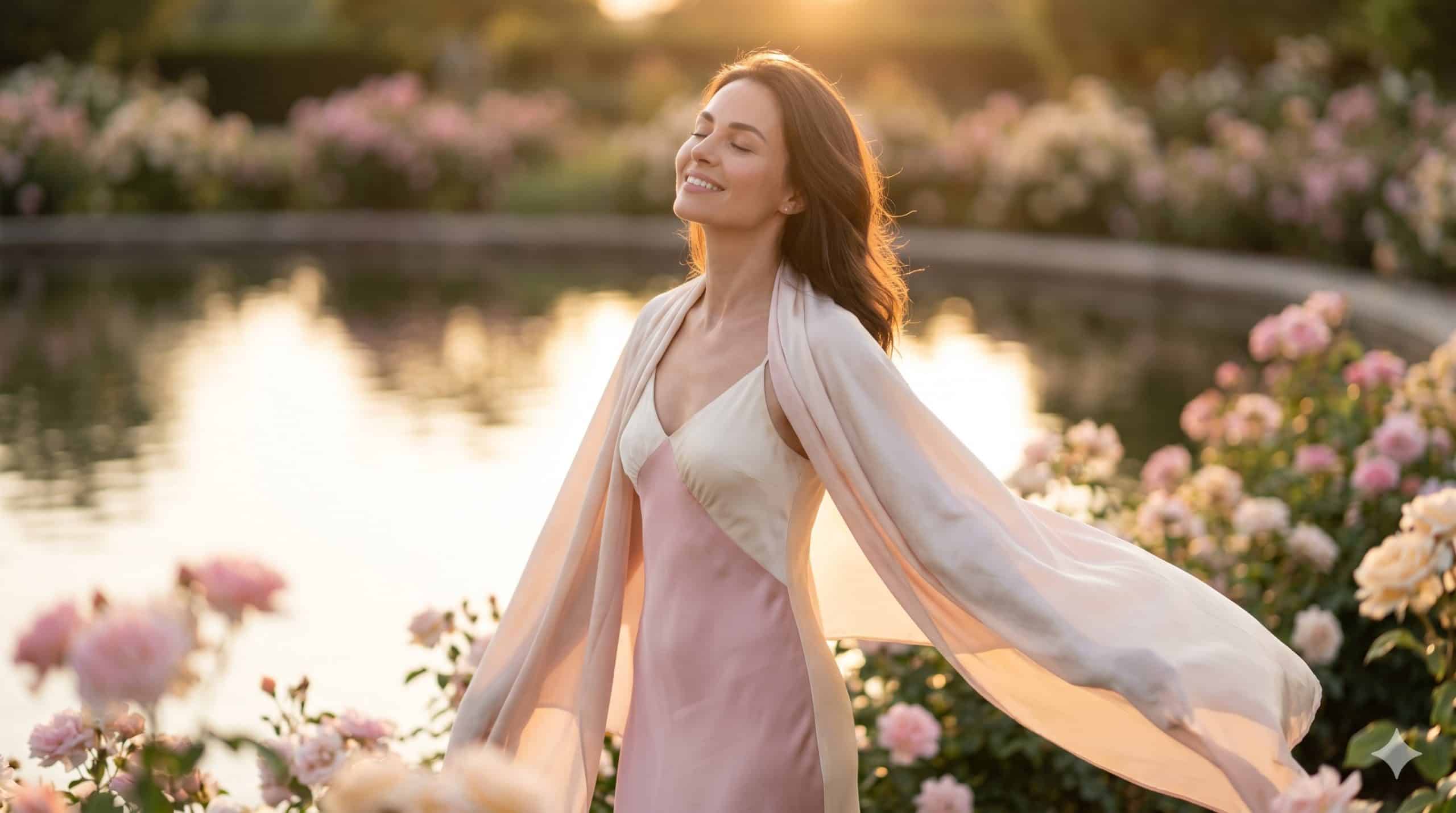 High-value woman practicing balancing feminine energy in a serene garden at sunset to boost radiance