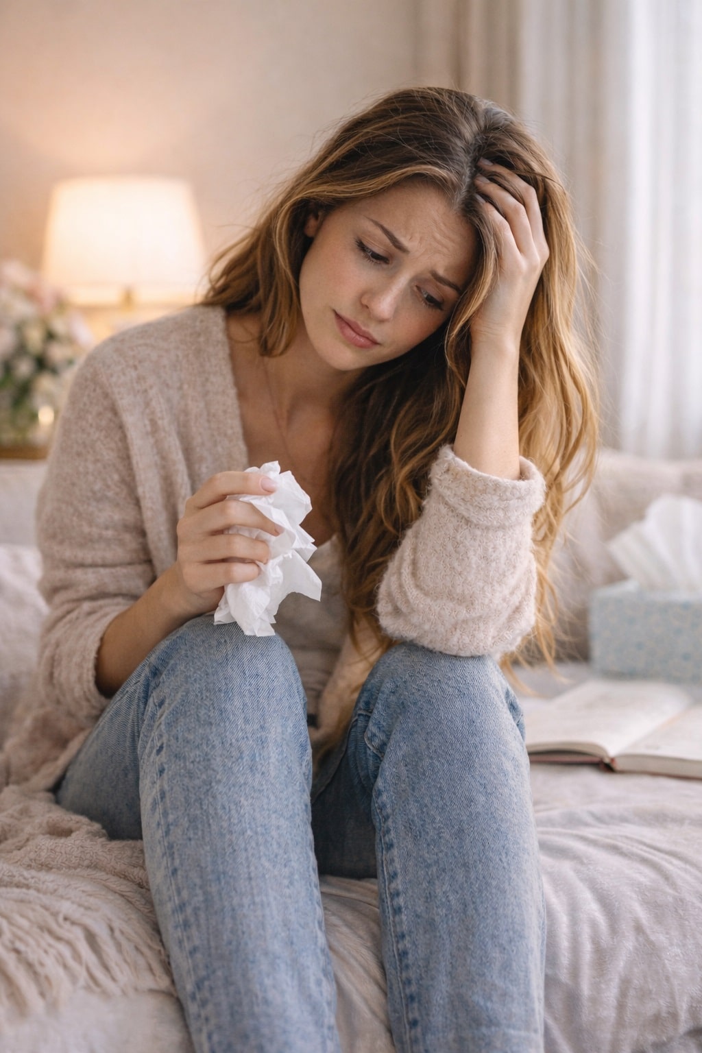 how to get over a breakup sad woman holding tissue sitting alone on bed emotional moment