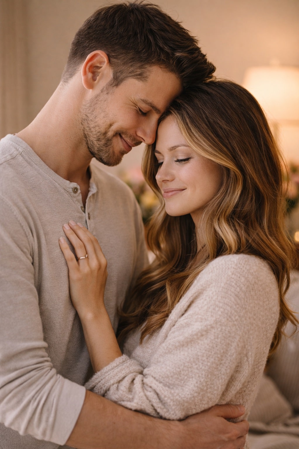 how to improve your relationship happy couple embracing with emotional connection at home