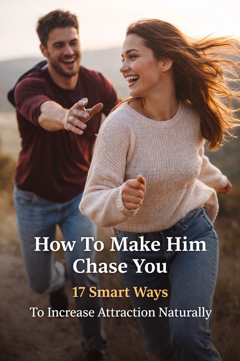 how to make him chase you happy woman running while man follows her smiling outdoors