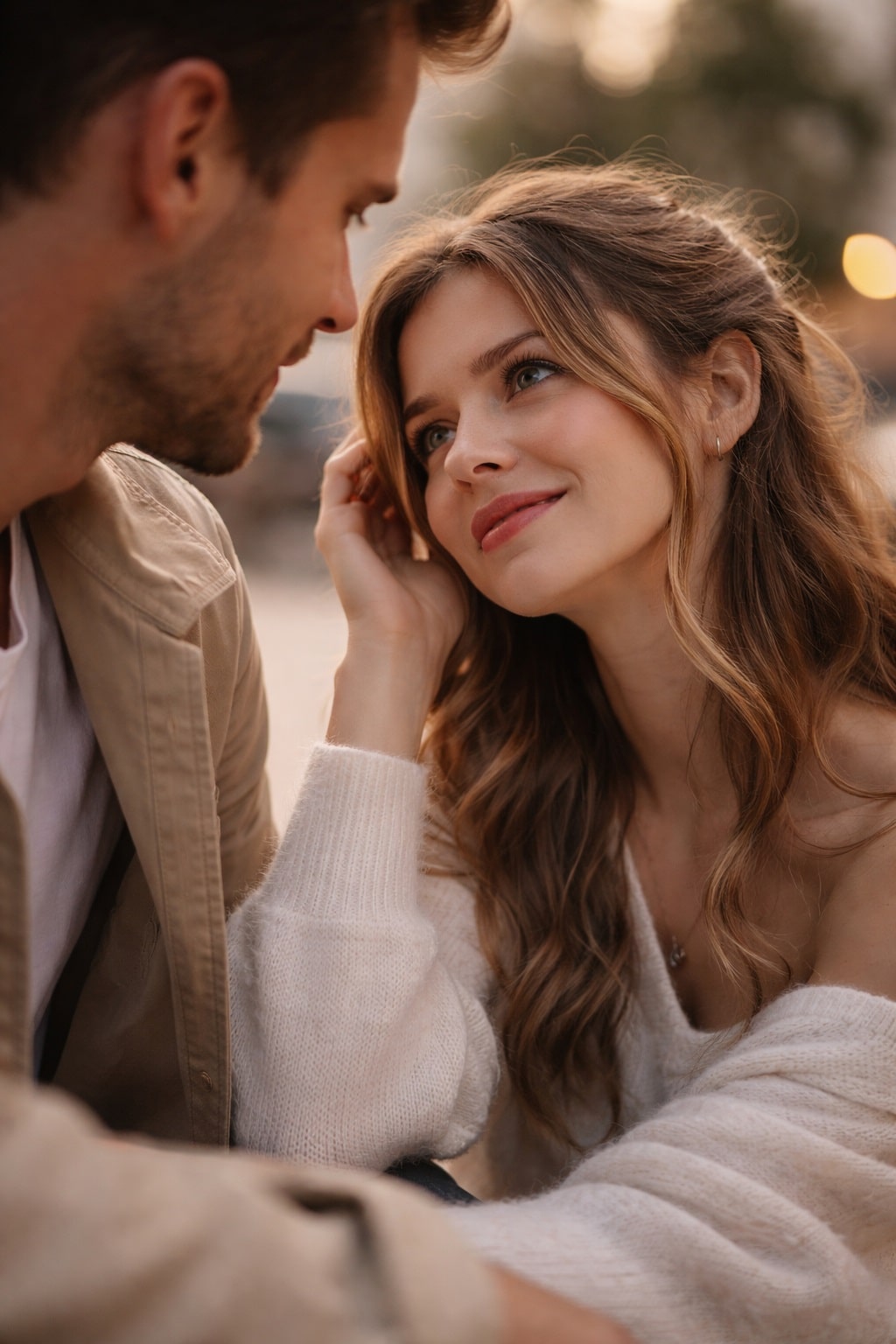 how to make him want you woman looking at man with attraction emotional connection moment