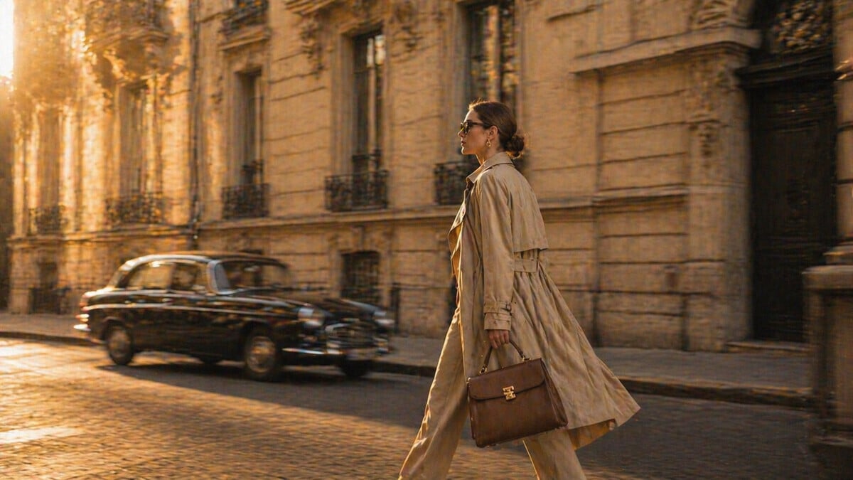 Global Women shown through a confident woman walking through a historic Paris street with elegant neutral styling and modern independence