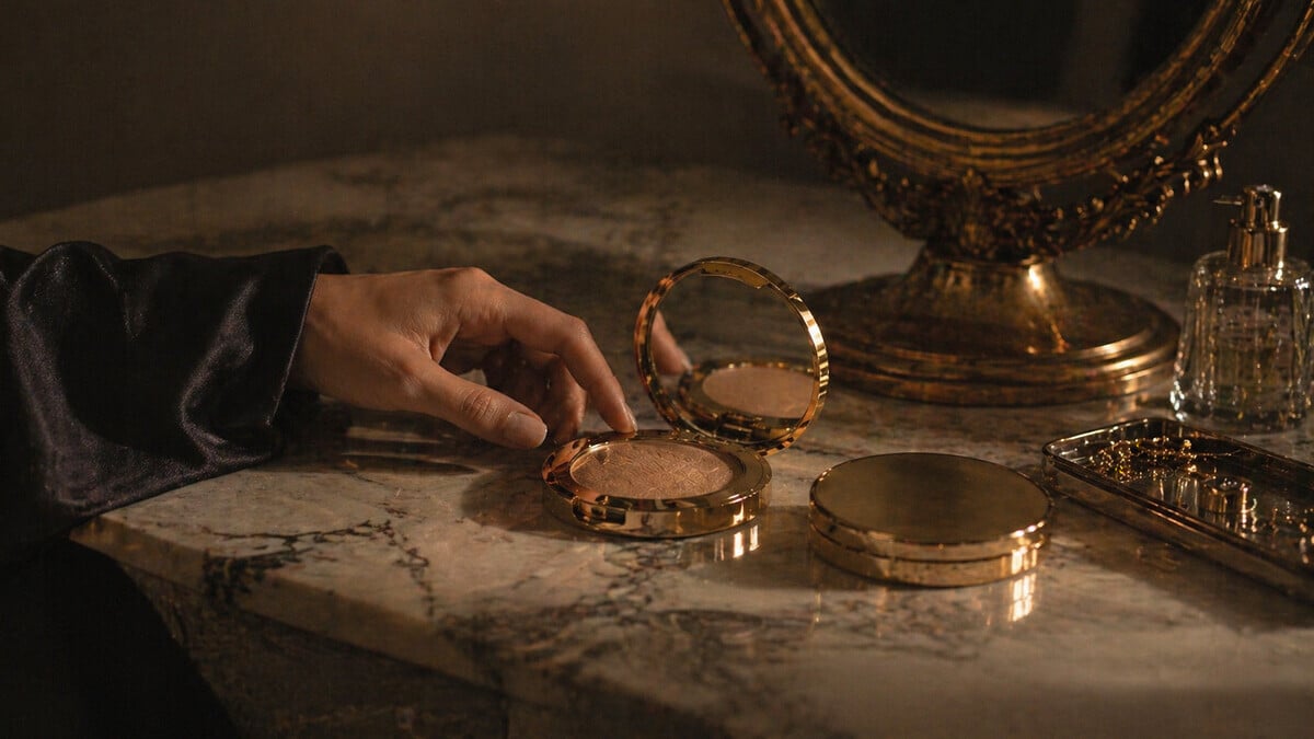 Beauty Rituals shown through a luxury gold makeup compact on a marble vanity with elegant editorial styling