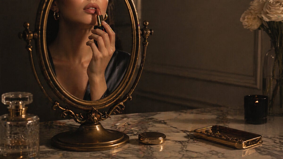 Skincare and Makeup Elegance shown through a refined nude lipstick beauty scene with soft mirror light
