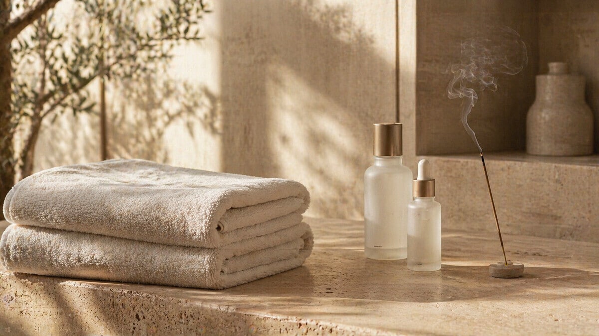 Rest and Clarity shown through a peaceful minimalist spa environment with soft textures calm light and wellness atmosphere