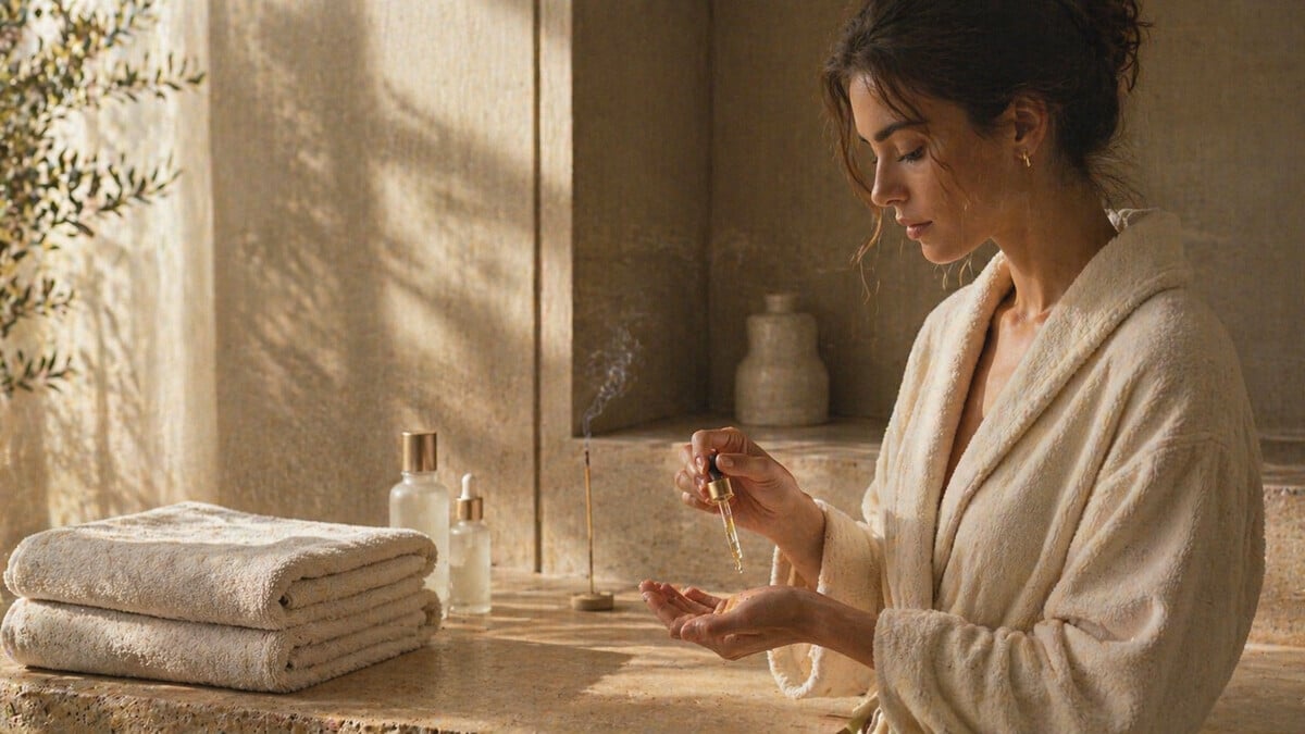 Mindful Wellness shown through a refined spa ritual with natural products soft towels and calming neutral atmosphere