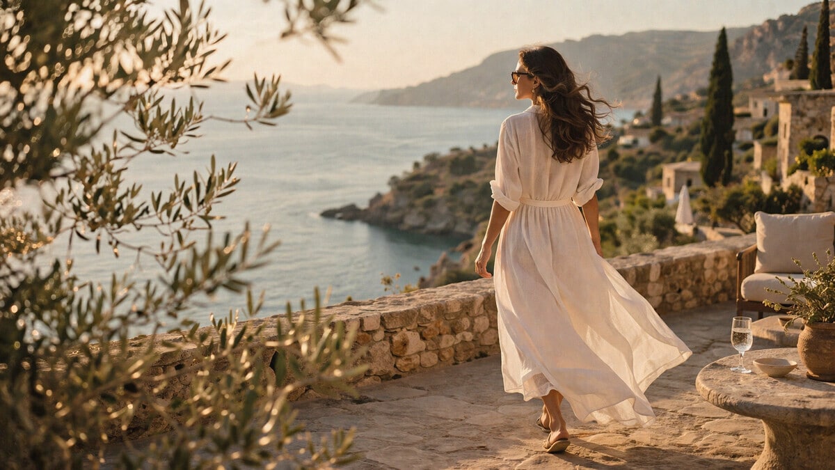 Culture and Lifestyle shown through an elegant woman on a Mediterranean terrace with calm travel atmosphere and global editorial style