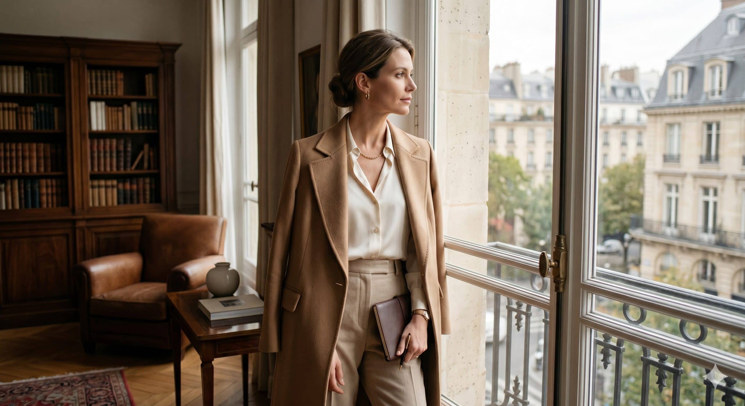 Sophisticated high-value woman in a camel cashmere coat and cream silk shirt standing in an elegant Parisian library, embodying the quiet luxury lifestyle