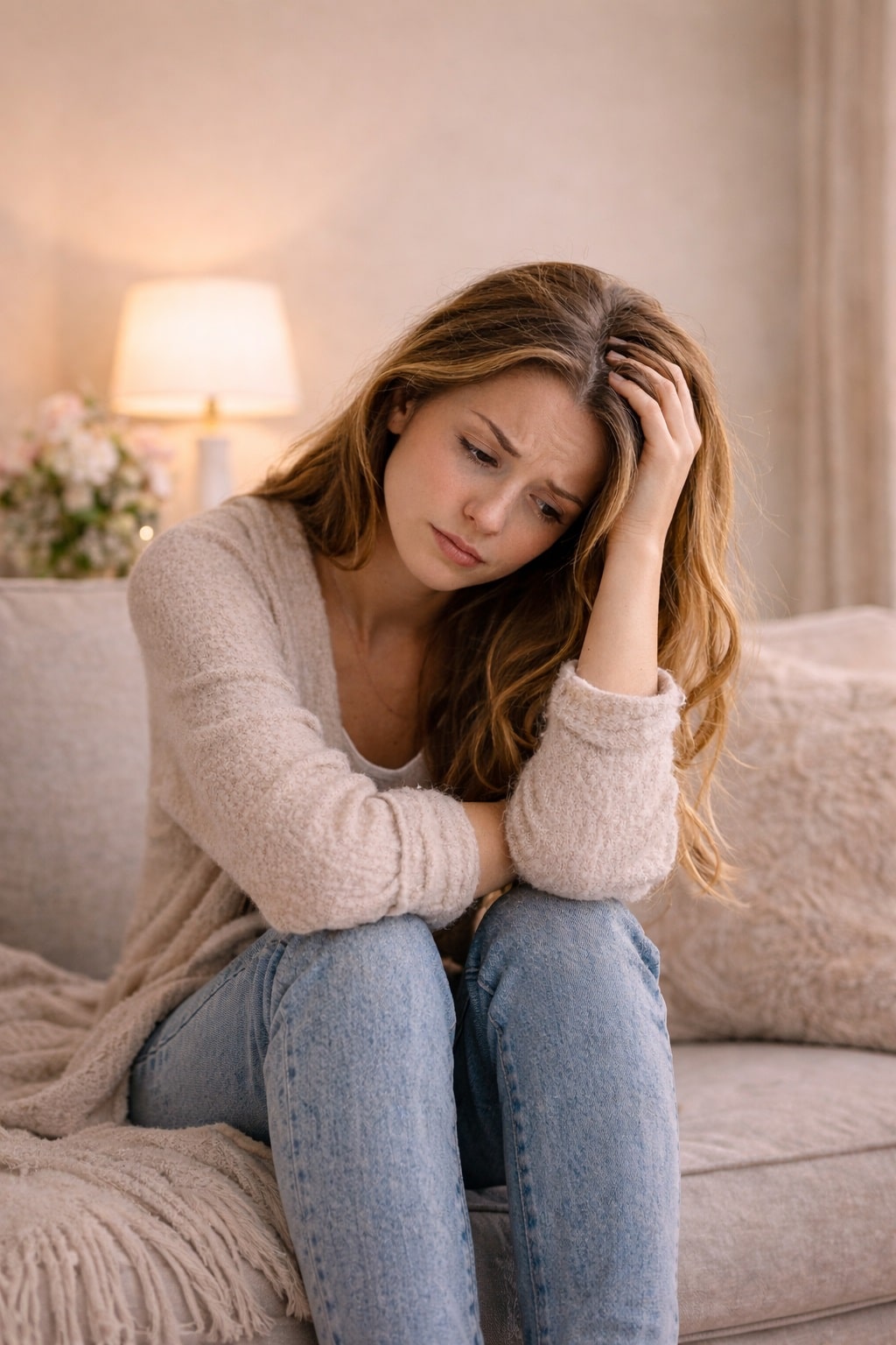 signs he is losing interest woman sitting on couch looking worried and emotional at home