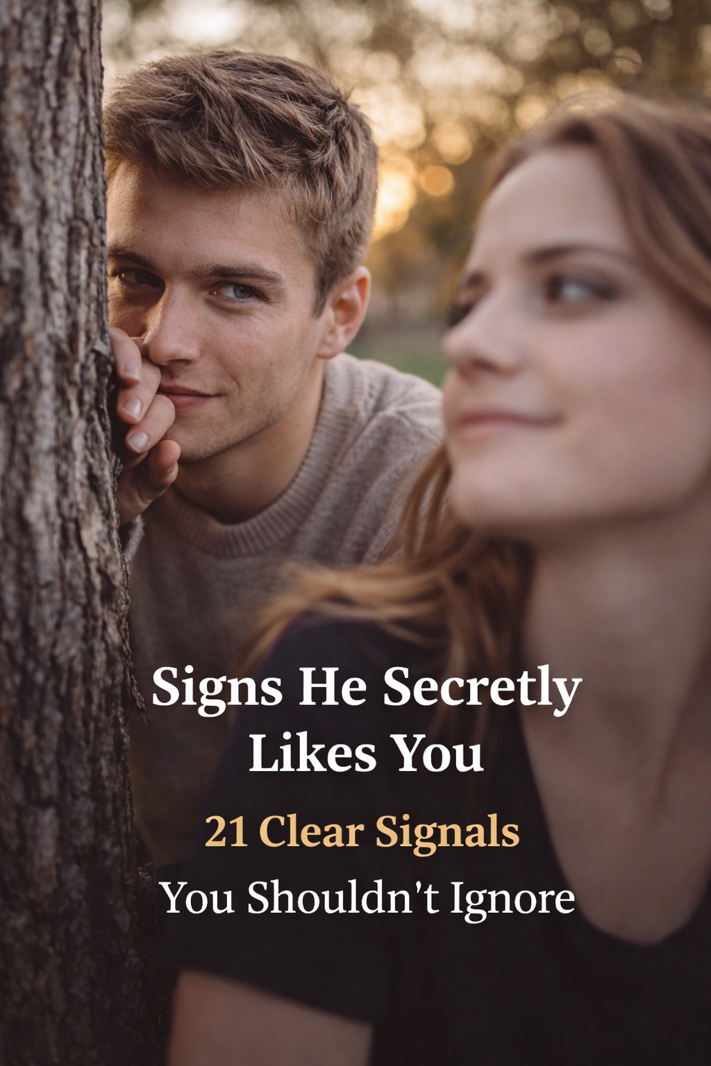 signs he secretly likes you man looking at woman from behind tree with interest