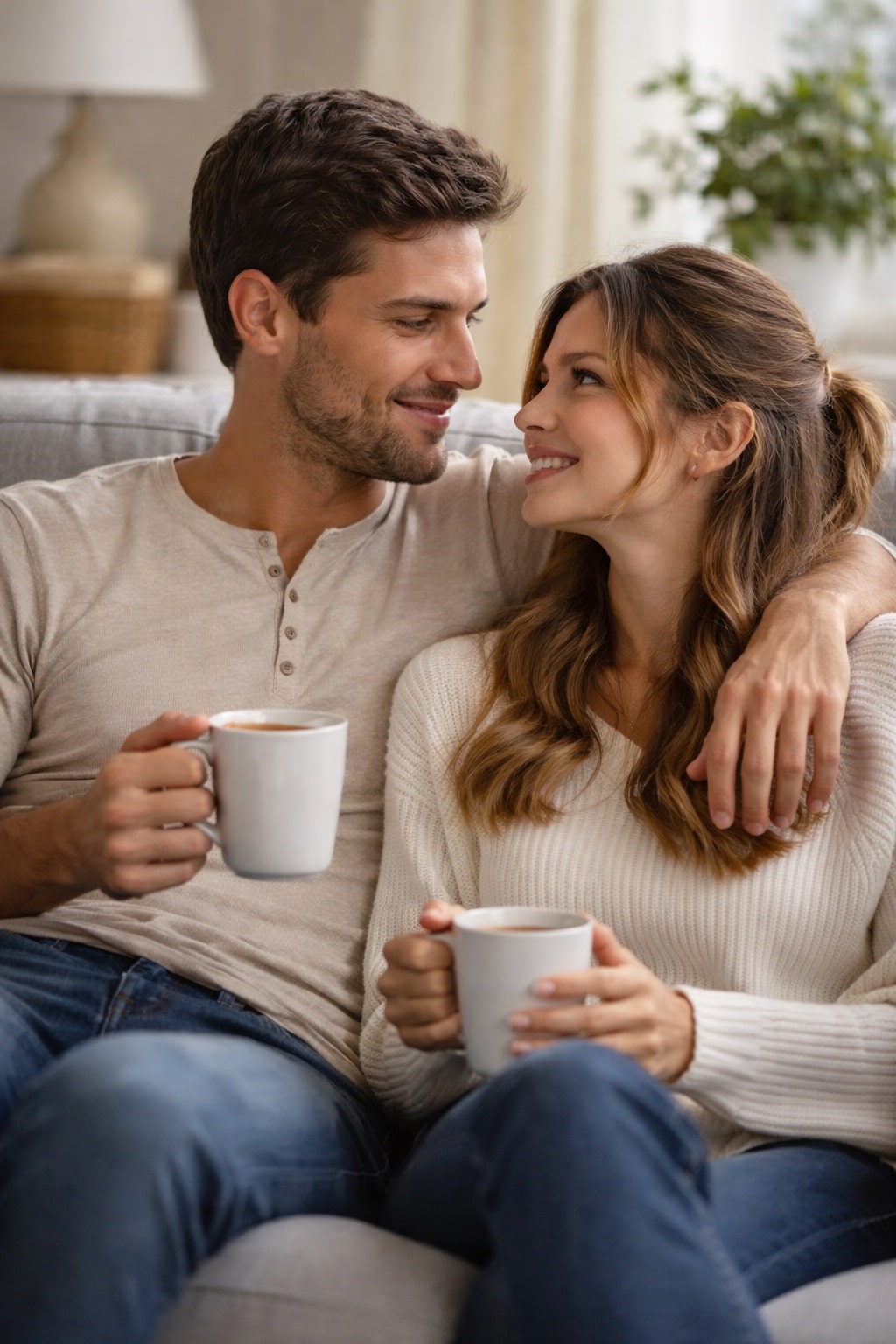 ways to improve your relationship happy couple sitting together on couch smiling and connecting