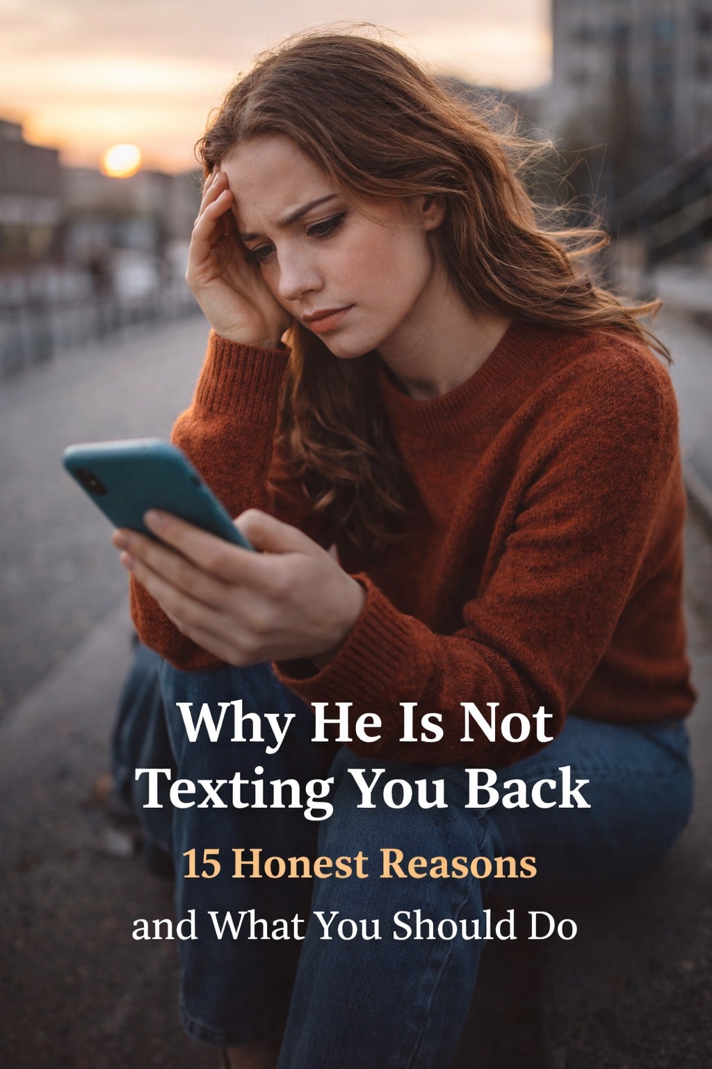 why he is not texting you back woman looking worried at phone sitting alone outdoors