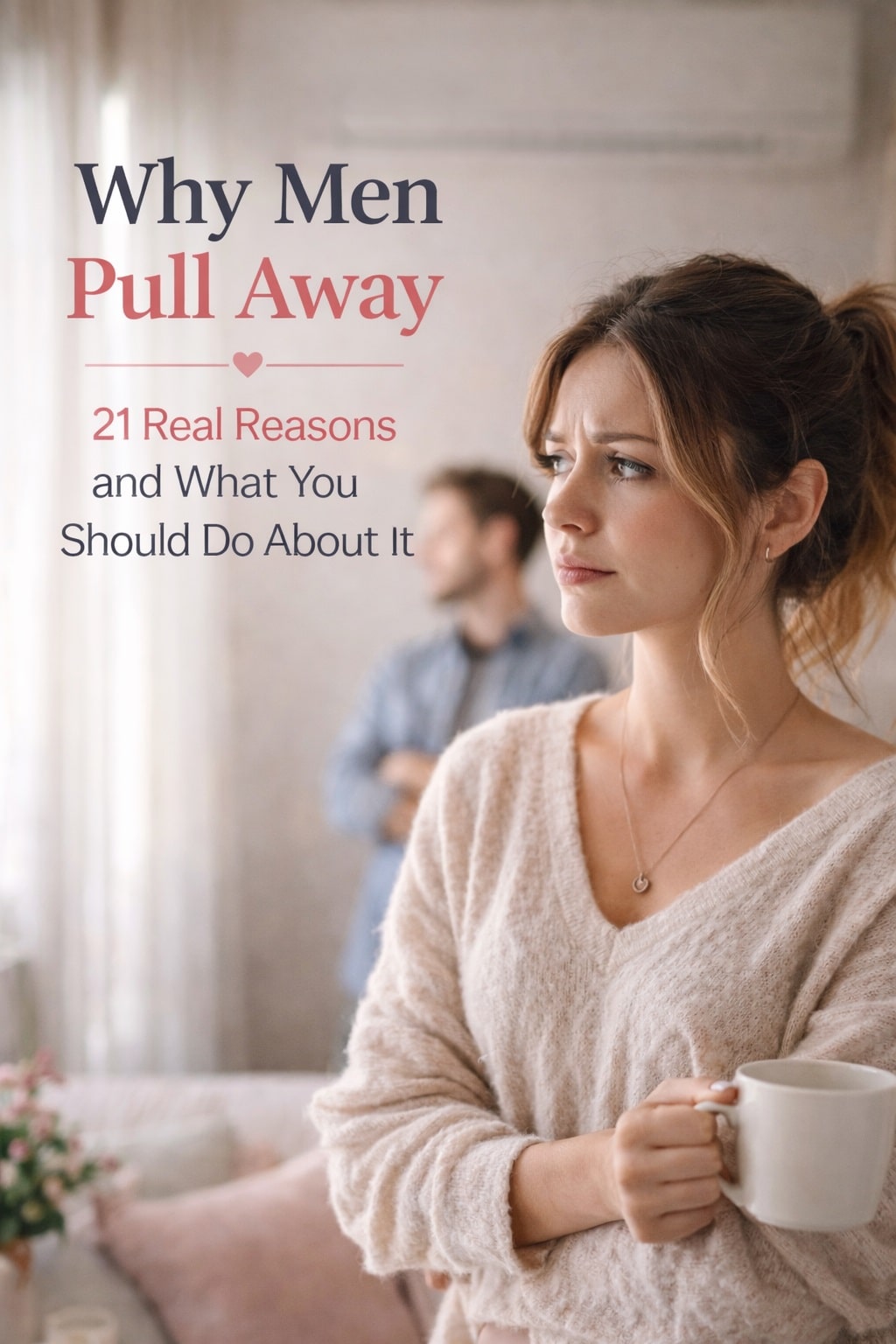 why men pull away woman looking worried while man stands distant in background relationship problem